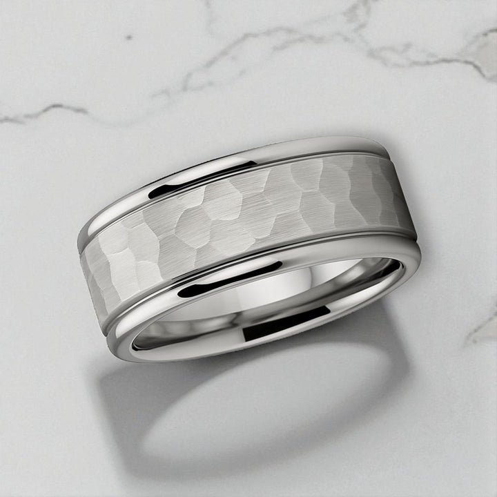 Interior comfort fit design on platinum-tone tungsten ring