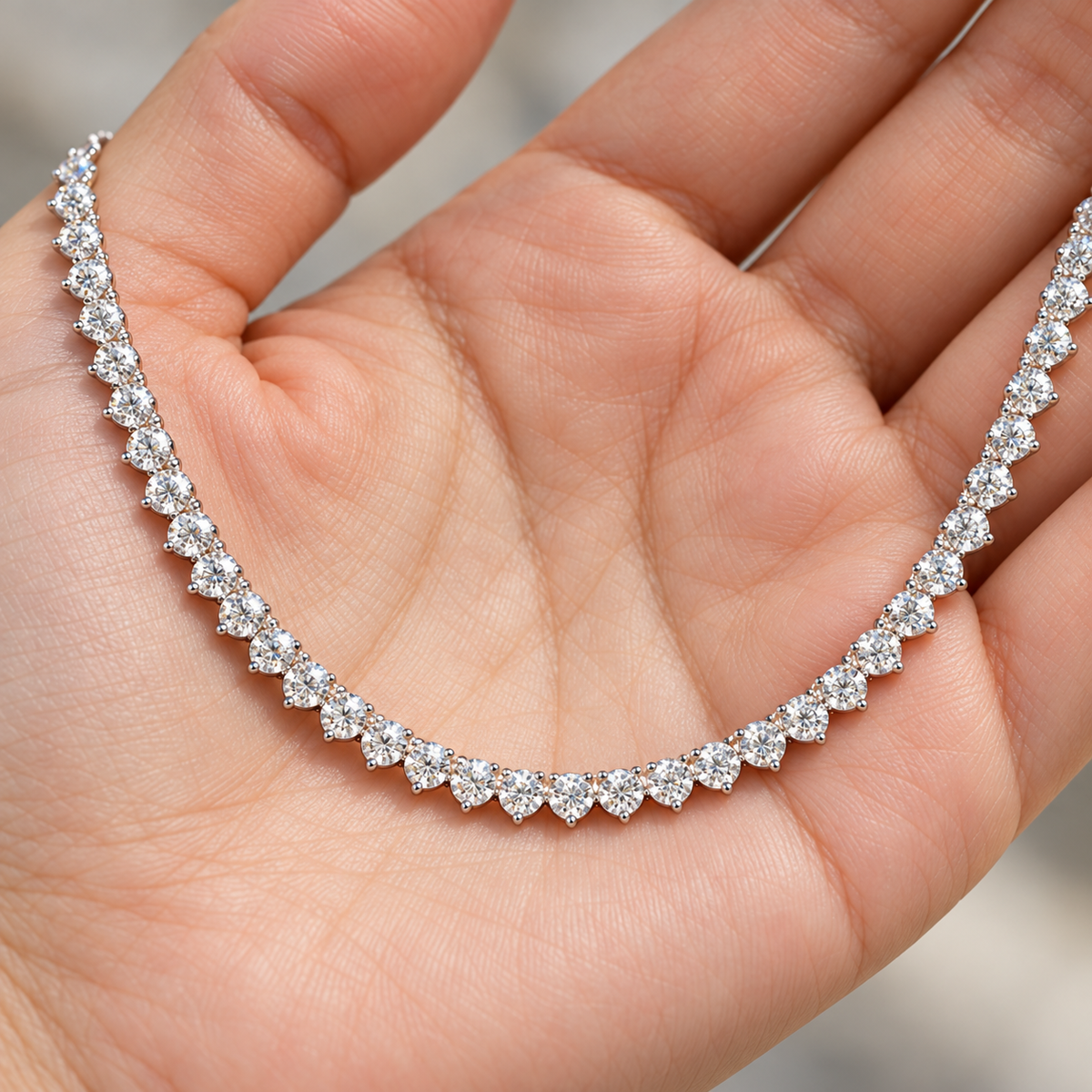 Three Prong Straight Line Necklace, silver, lab grown diamonds, resting on a hand