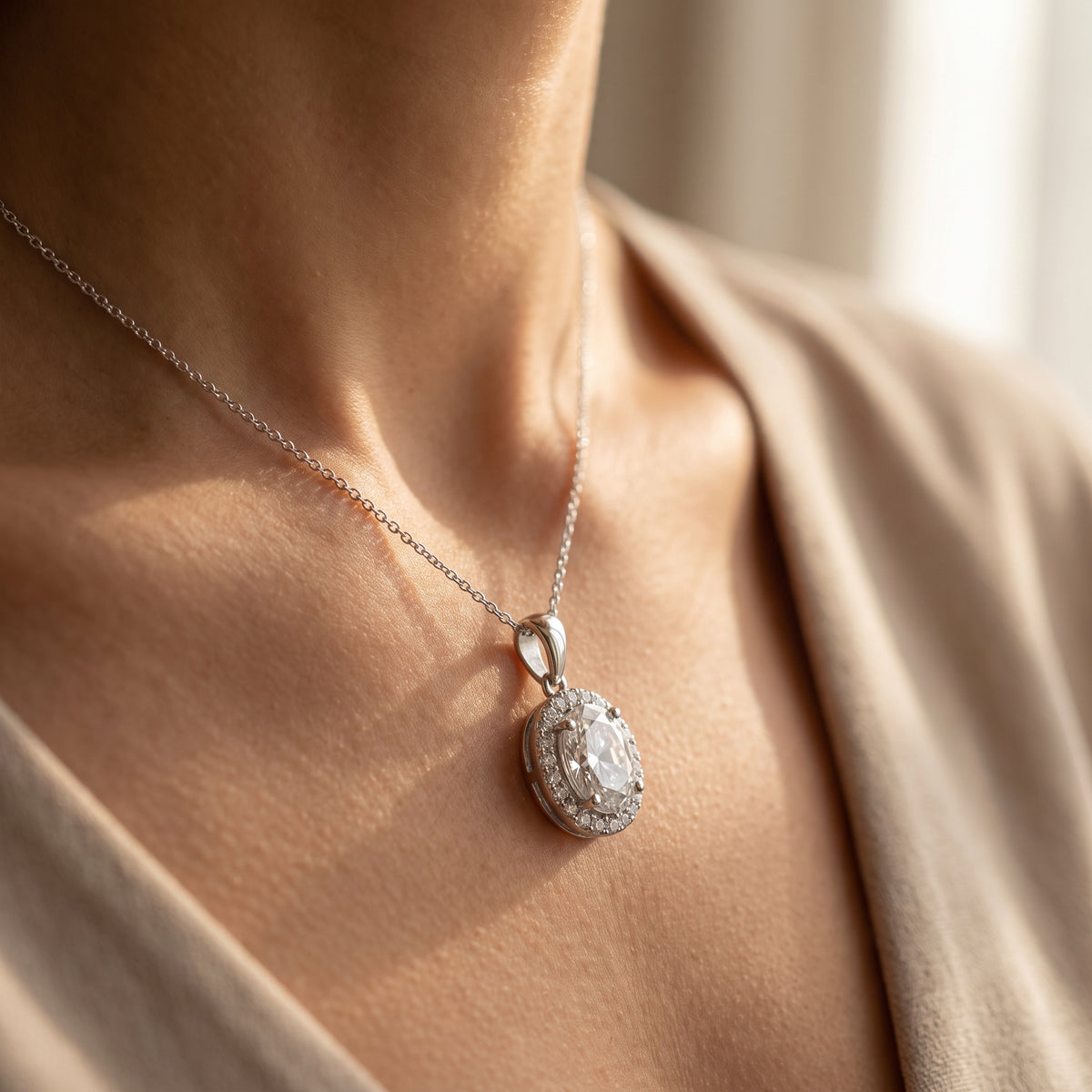 Three Stone Diamond Necklace 925 silver lab grown diamond necklace worn lifestyle photo