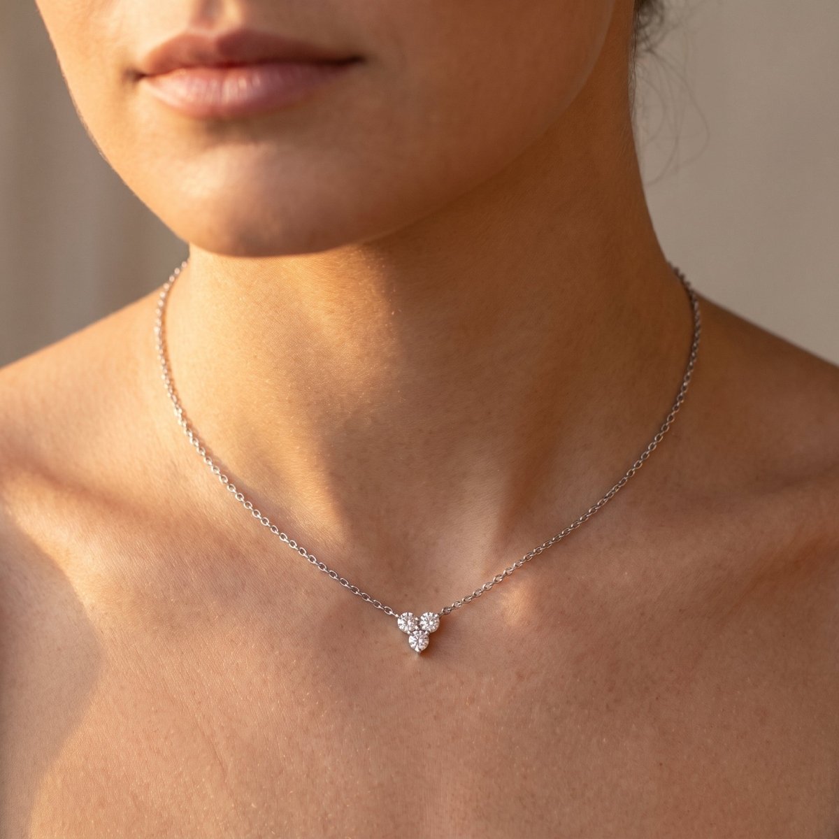 Three Stone Round Diamond Pendant With Chain, 925 silver diamond pendant worn on neck lifestyle photo