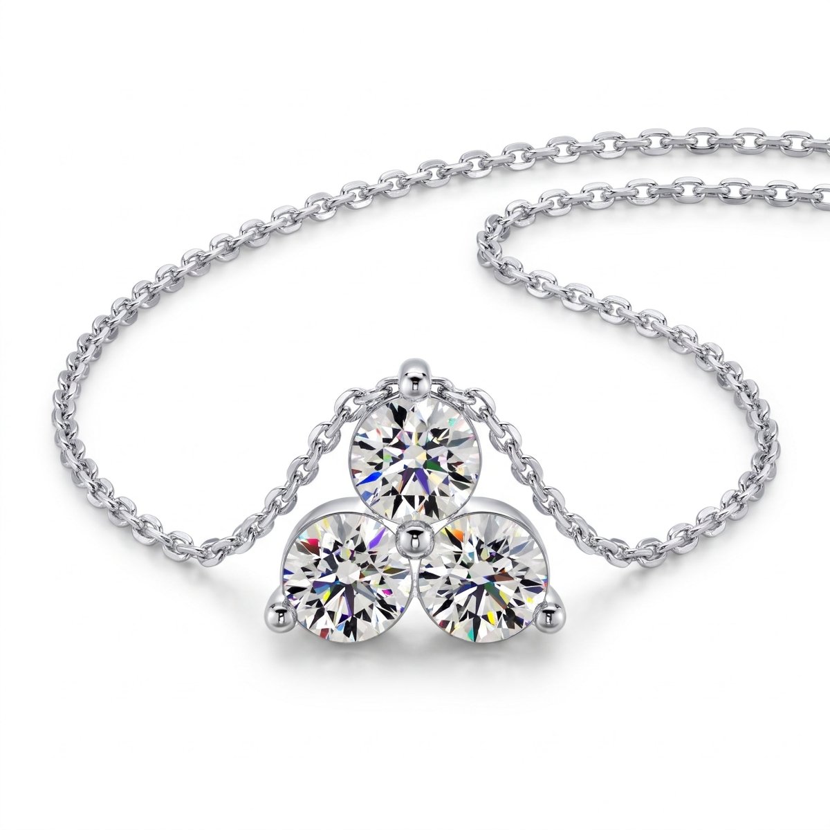 Three Stone Round Diamond Pendant With Chain, 925 silver pendant studio hero photo on white, lab grown diamonds D color VVS