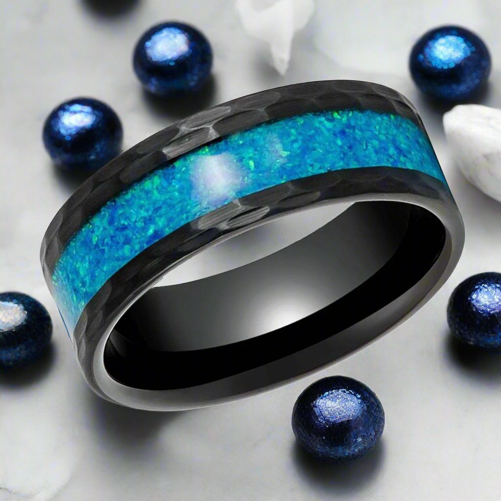 TIDAL Black Tungsten Ring with Hammered Edges and Blue Faux Opal Inlay – Side View