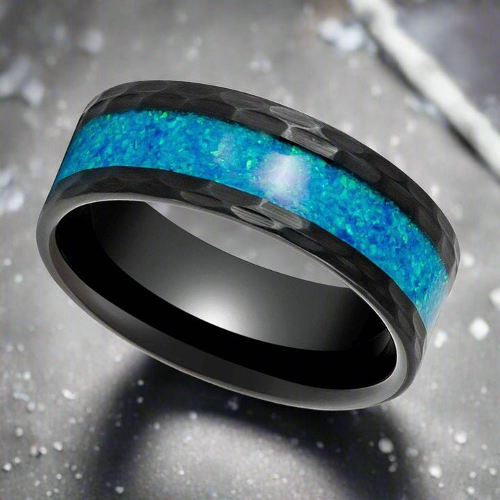 Unique TIDAL Black Tungsten Ring with Blue Faux Opal Inlay and Hammered Design – Aydins Jewelry