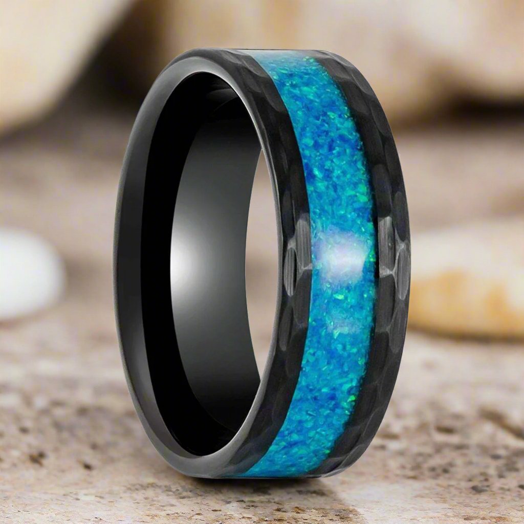 TIDAL Black Tungsten Ring with Hammered Edges and Blue Faux Opal Inlay – Front View