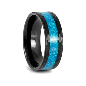 TIDAL black tungsten wedding ring with hammered finish and blue opal inlay - front view