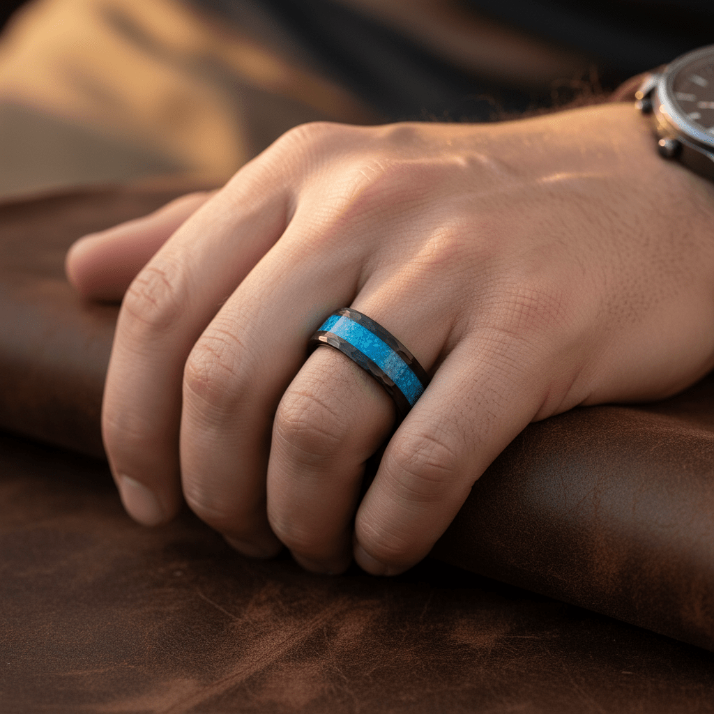 TIDAL — Lifestyle photo on hand — men's tungsten wedding ring.