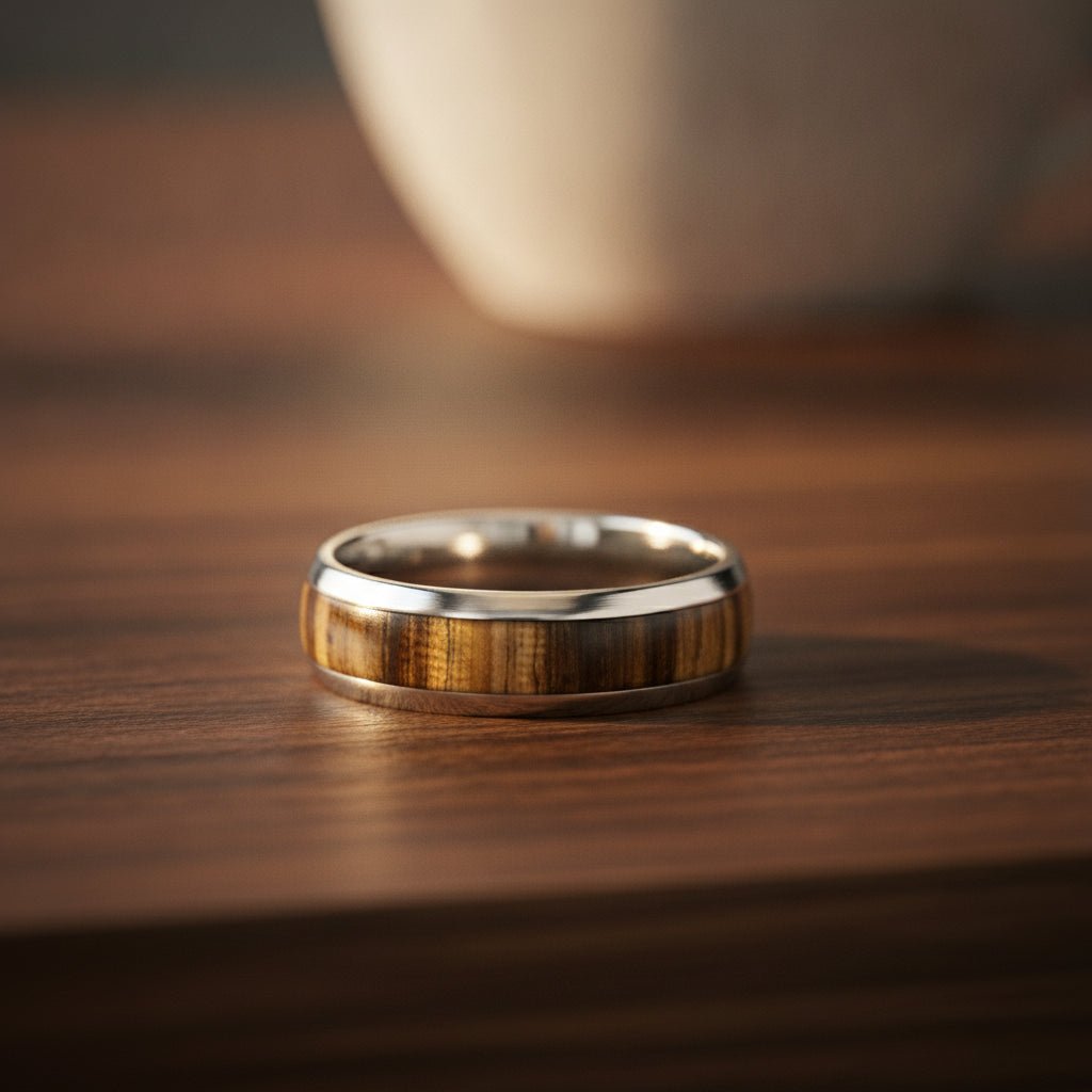 TIGRE silver tungsten wedding band with striped zebra wood inlay running around the band and polished edges resting on a walnut wood counter, lifestyle scene