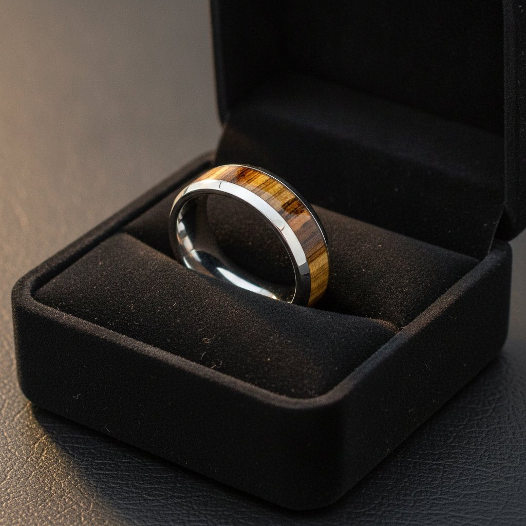 TIGRE silver tungsten wedding band with striped zebra wood inlay running around the band and polished edges nested in a black velvet ring box, editorial jewelry shot