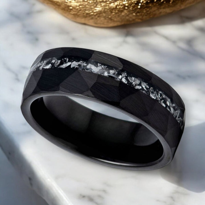 TITANIS Hammered Black Tungsten Ring - Elegant and durable men’s wedding band by Aydins Jewelry.