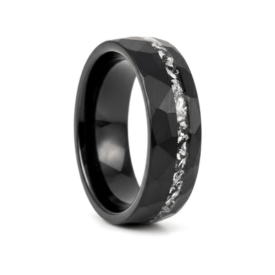 TITANIS black tungsten ring with titanium shavings inlay and hammered finish - front view