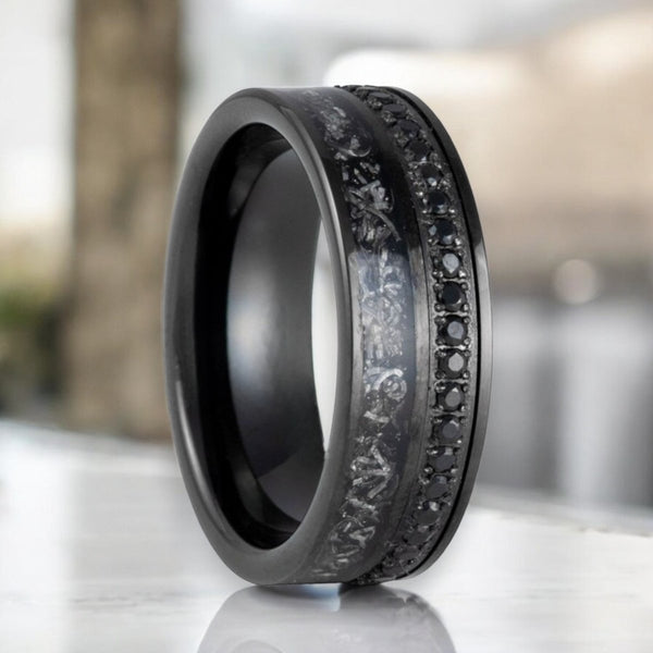 TITANOIR black tungsten ring with black CZ eternity and titanium shavings inlay - Aydins Jewelry.