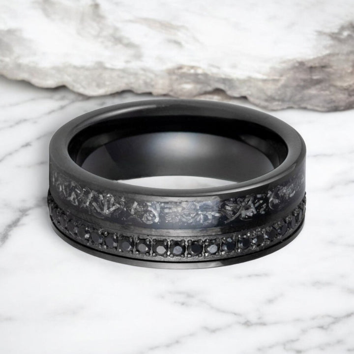 8mm black tungsten wedding band with sleek titanium inlay and black CZ eternity.