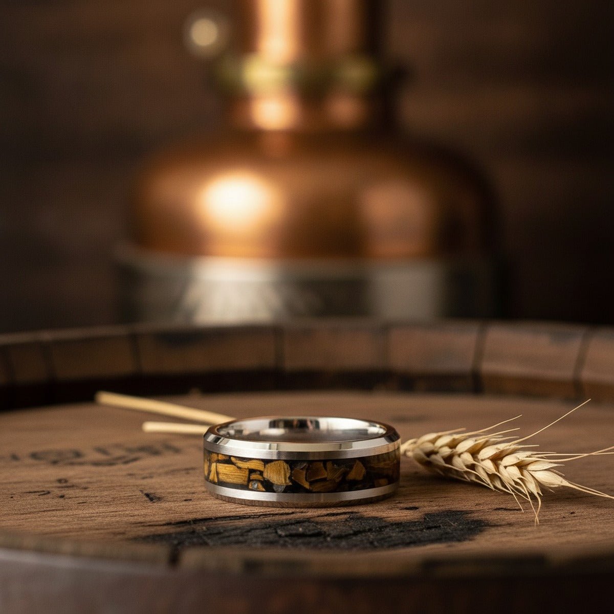 Aydins TPOINT | Silver Tungsten Ring Tiger Eye Chips Inlay lifestyle scene, whiskey barrel top