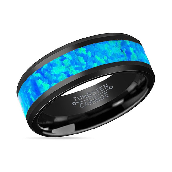 TRANQUIL | Black Tungsten Ring, Blue Opal Inlay, Beveled - Rings - Aydins Jewelry - 2