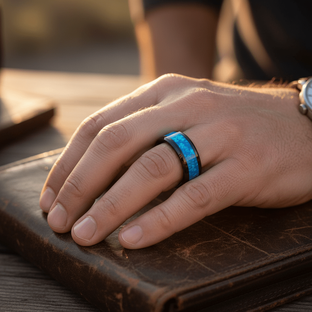 TRANQUIL — Lifestyle photo on hand — men's tungsten wedding ring.