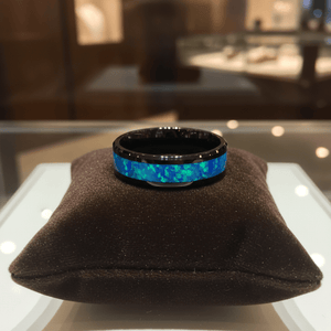 TRANQUIL — Premium boutique display on velvet — men's tungsten wedding ring.