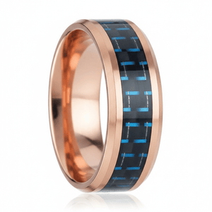 Blue Carbon Fiber inlay 14k yellow gold wedding band 8mm, additional view 6