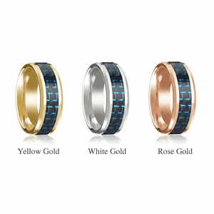 Blue Carbon Fiber inlay 14k yellow gold wedding band 8mm, top view