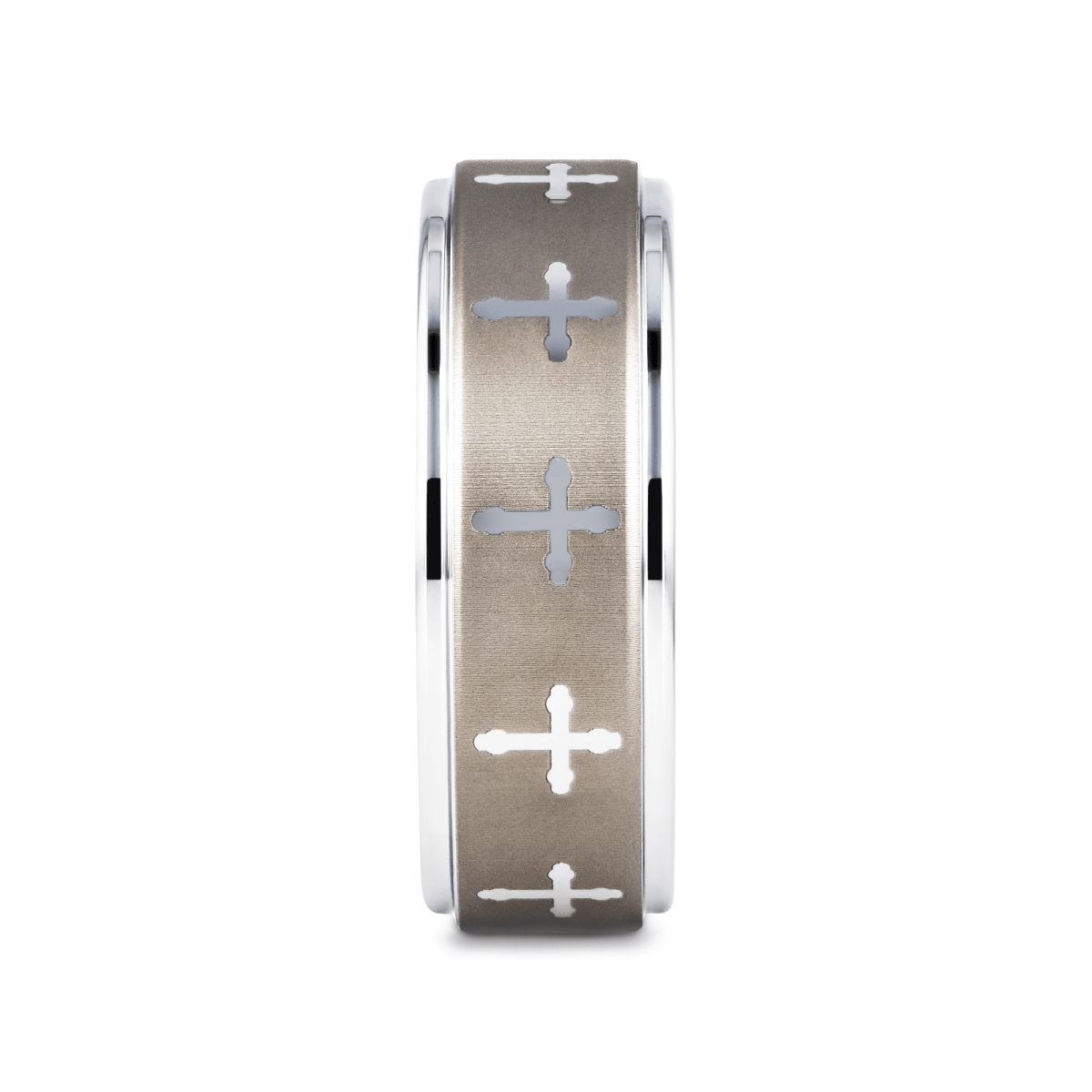 TRIUNE Silver tungsten Christian wedding ring — angle 2