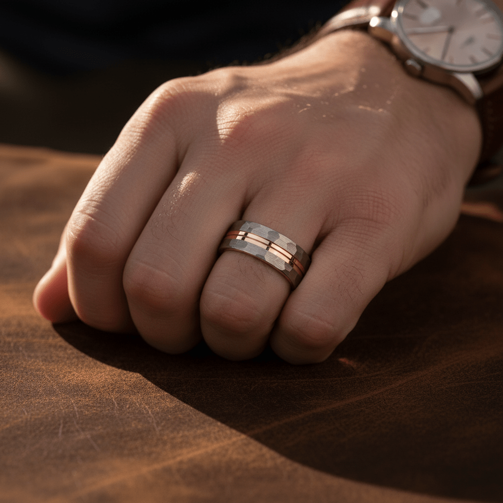 TROOPER — Lifestyle photo on hand — men's tungsten wedding ring.