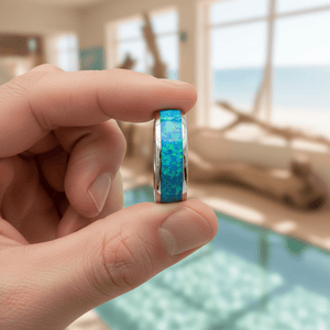 TROPIC — Held between fingers close-up — men's tungsten wedding ring.