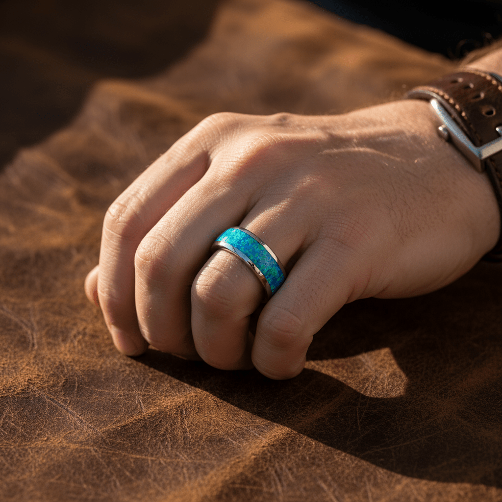 TROPIC — Lifestyle photo on hand — men's tungsten wedding ring.