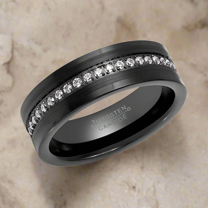 MAJESTIC Black Tungsten Ring with Diamond Stimulant CZ Eternity - Top View