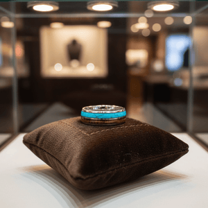 TURKOA — Premium boutique display on velvet — men's tungsten wedding ring.