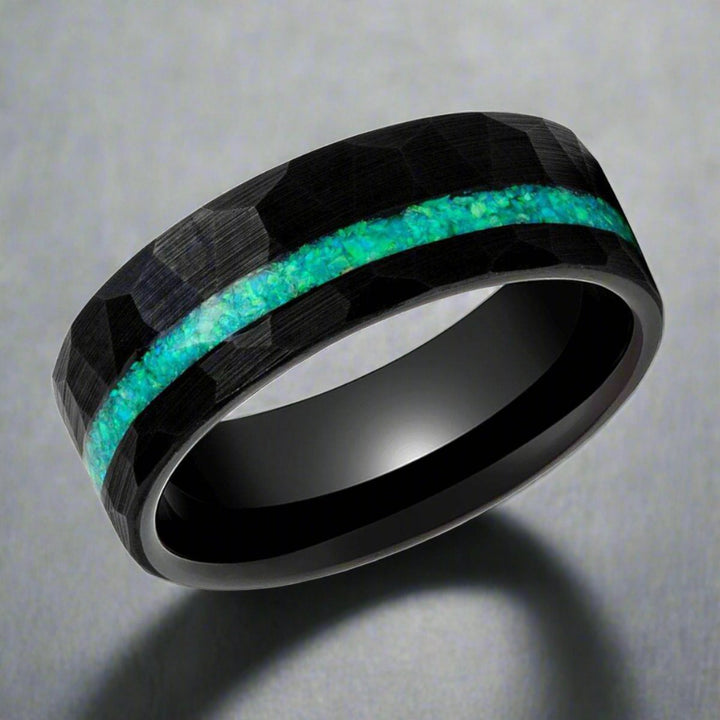 TURQUISEA | Black Tungsten Ring, Hammered, Green Opal Inlay, Flat - Rings - Aydins Jewelry - 4