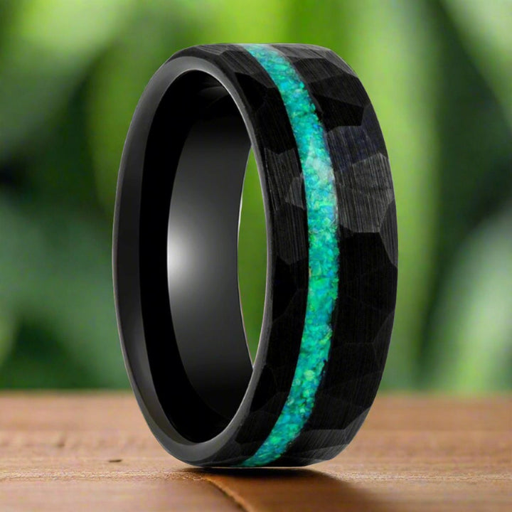 TURQUISEA | Black Tungsten Ring, Hammered, Green Opal Inlay, Flat - Rings - Aydins Jewelry - 3