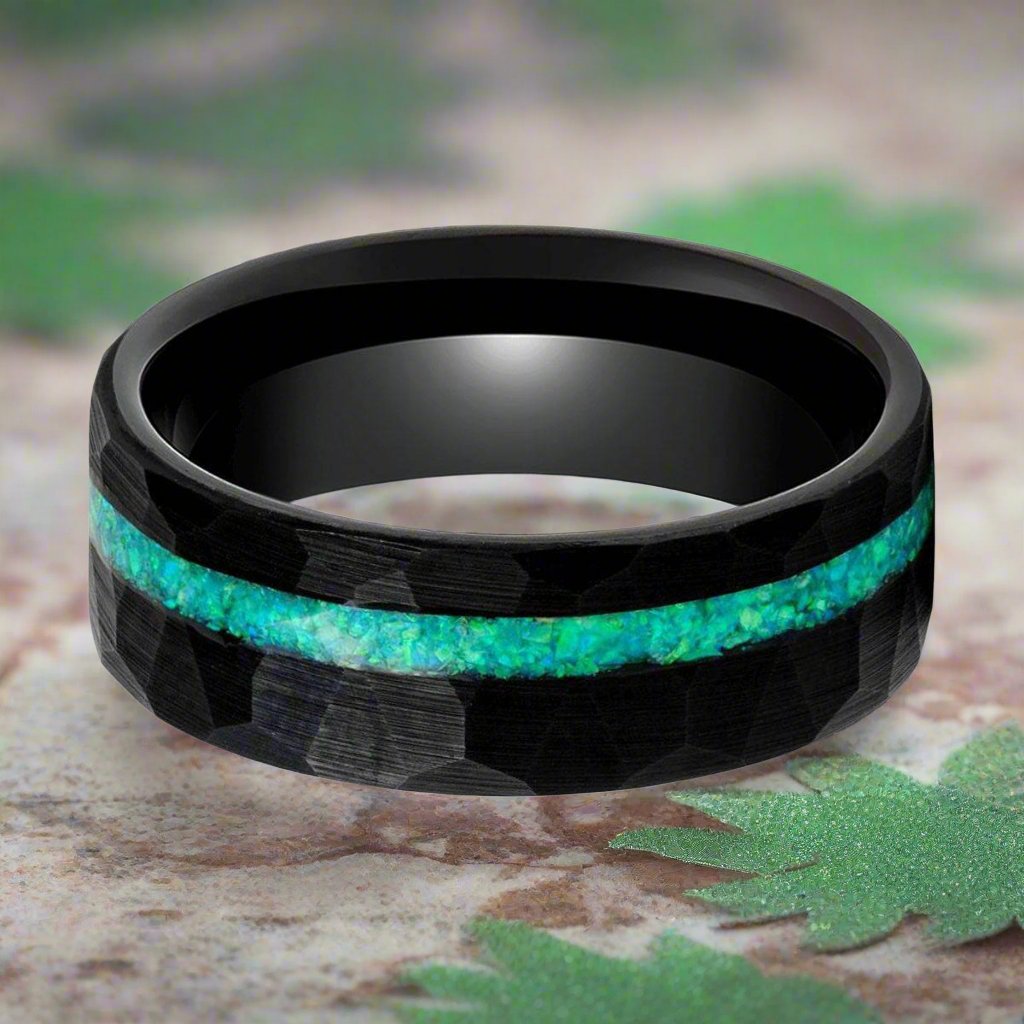 TURQUISEA | Black Tungsten Ring, Hammered, Green Opal Inlay, Flat - Rings - Aydins Jewelry - 1