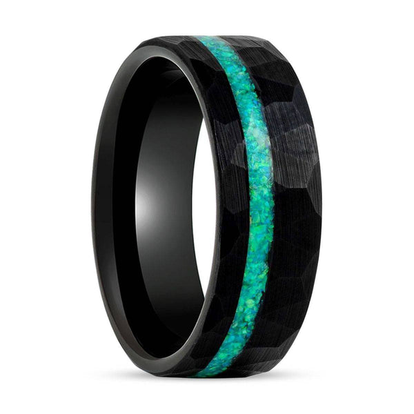 TURQUISEA | Black Tungsten Ring, Hammered, Green Opal Inlay, Flat - Rings - Aydins Jewelry - 1