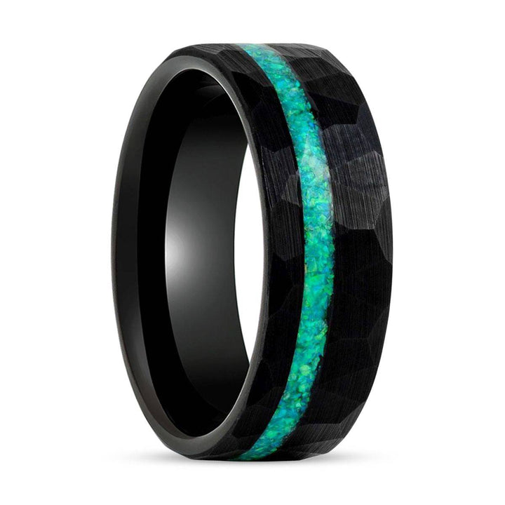 TURQUISEA | Black Tungsten Ring, Hammered, Green Opal Inlay, Flat - Rings - Aydins Jewelry - 1