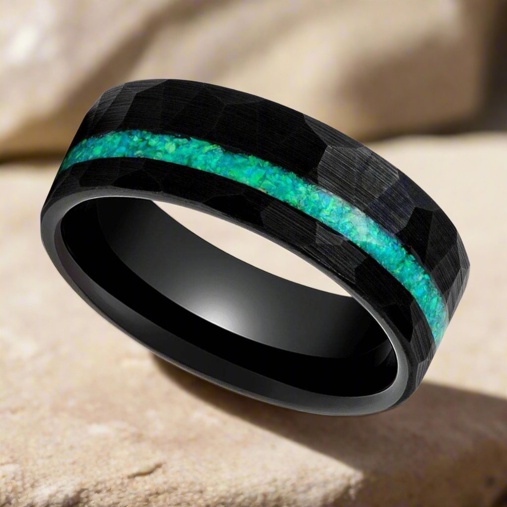 TURQUISEA | Black Tungsten Ring, Hammered, Green Opal Inlay, Flat - Rings - Aydins Jewelry - 2