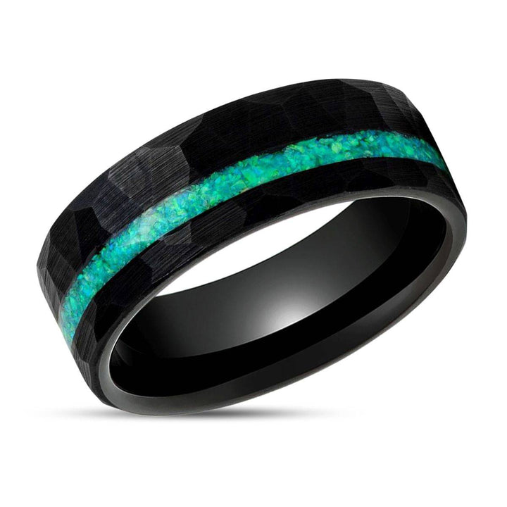TURQUISEA | Black Tungsten Ring, Hammered, Green Opal Inlay, Flat - Rings - Aydins Jewelry - 2