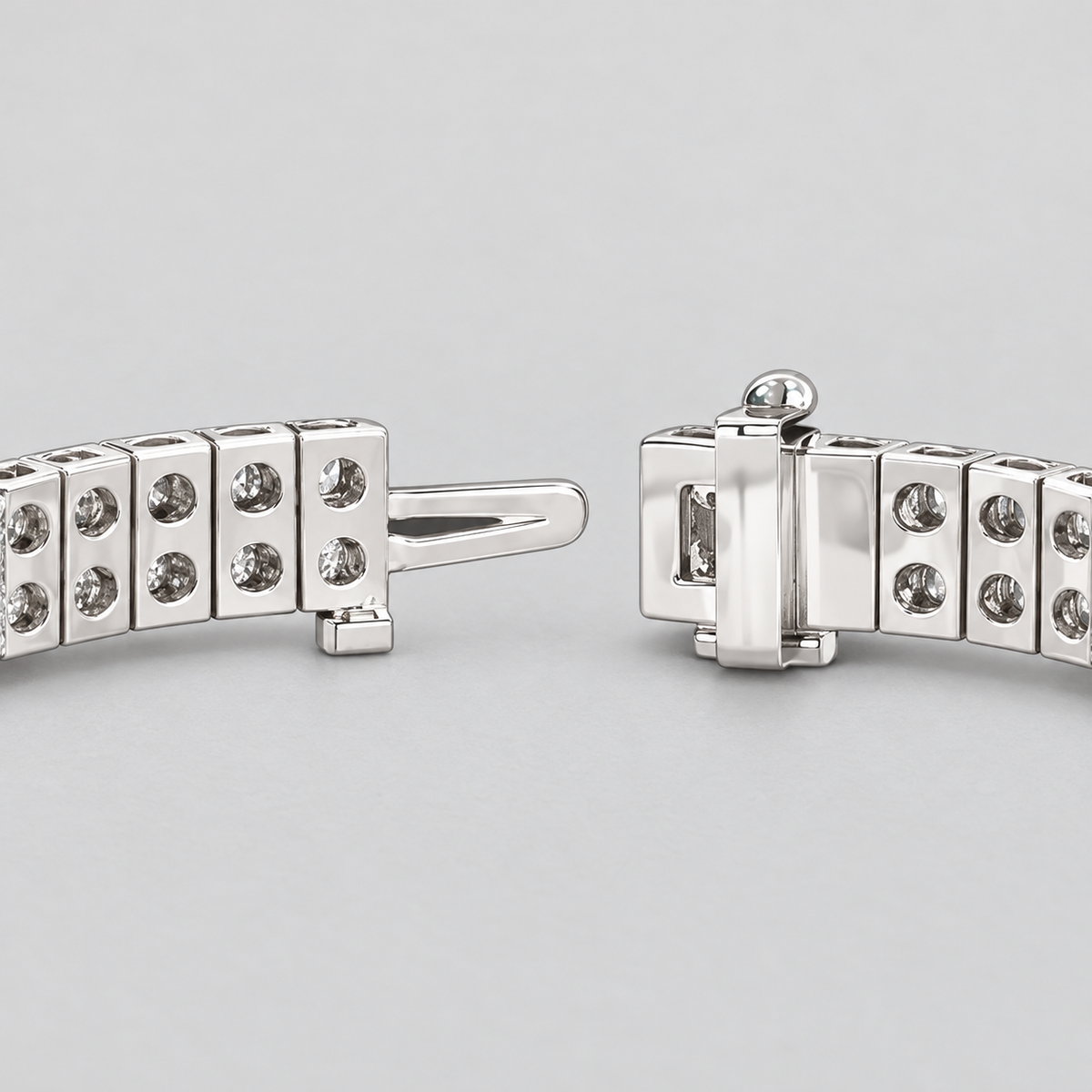 Two Row Diamond Tennis Bracelet, silver box clasp and connecting links, close-up