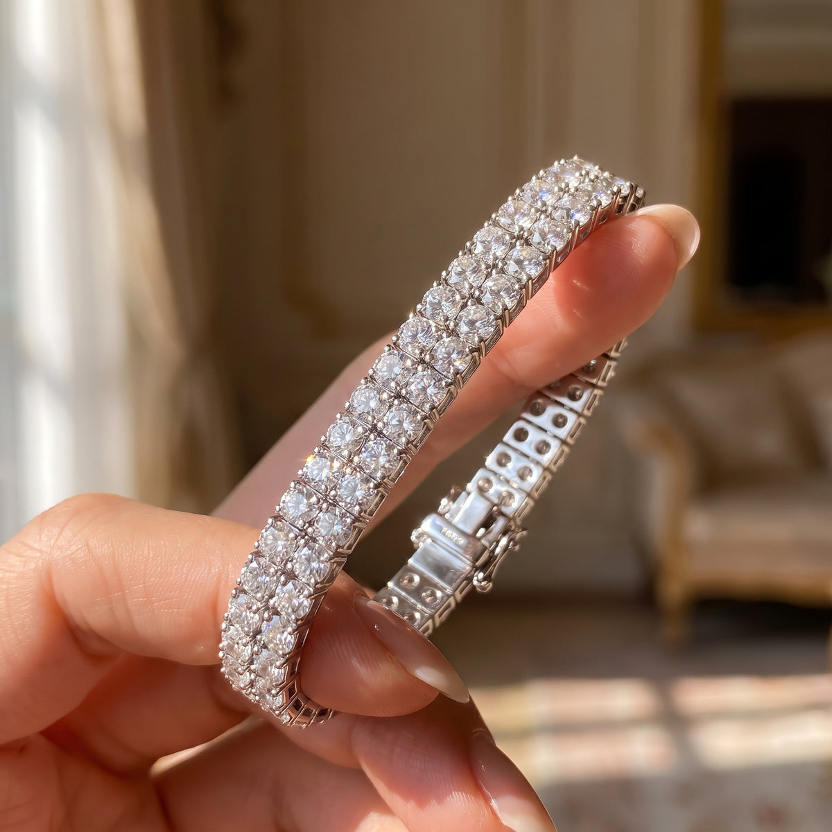 Two Row Diamond Tennis Bracelet 925 silver lab grown diamond bracelet held in hand lifestyle close-up photo