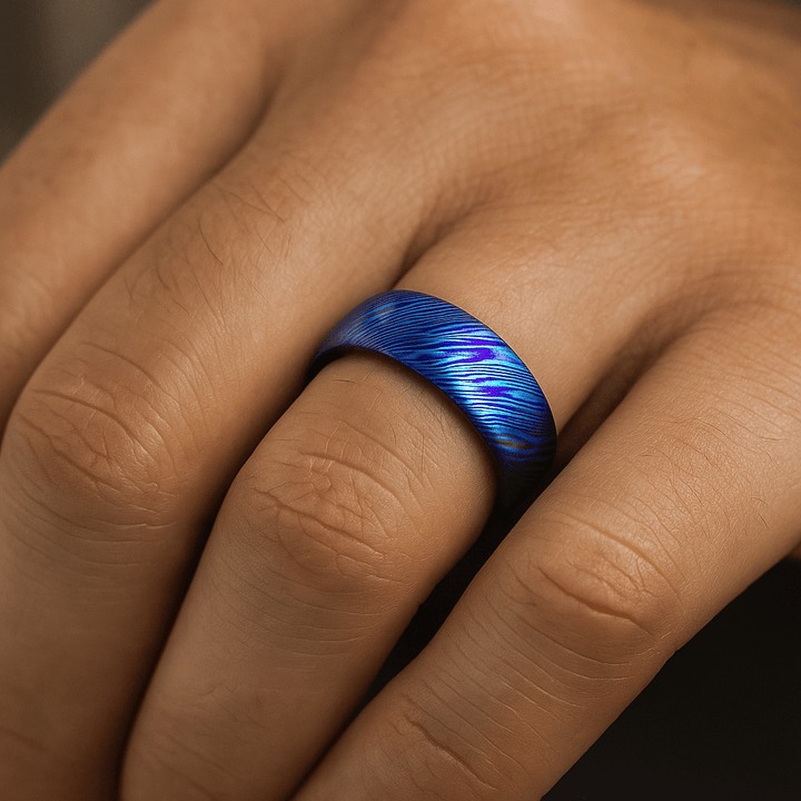 TYRIAN - On Hand Ring Finger Men’s titanium wedding band with blue and purple wavy design – Aydins Jewelry