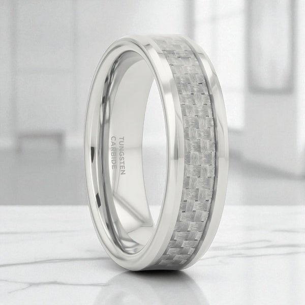 ULTIMA tungsten ring with white carbon fiber inlay and beveled edges