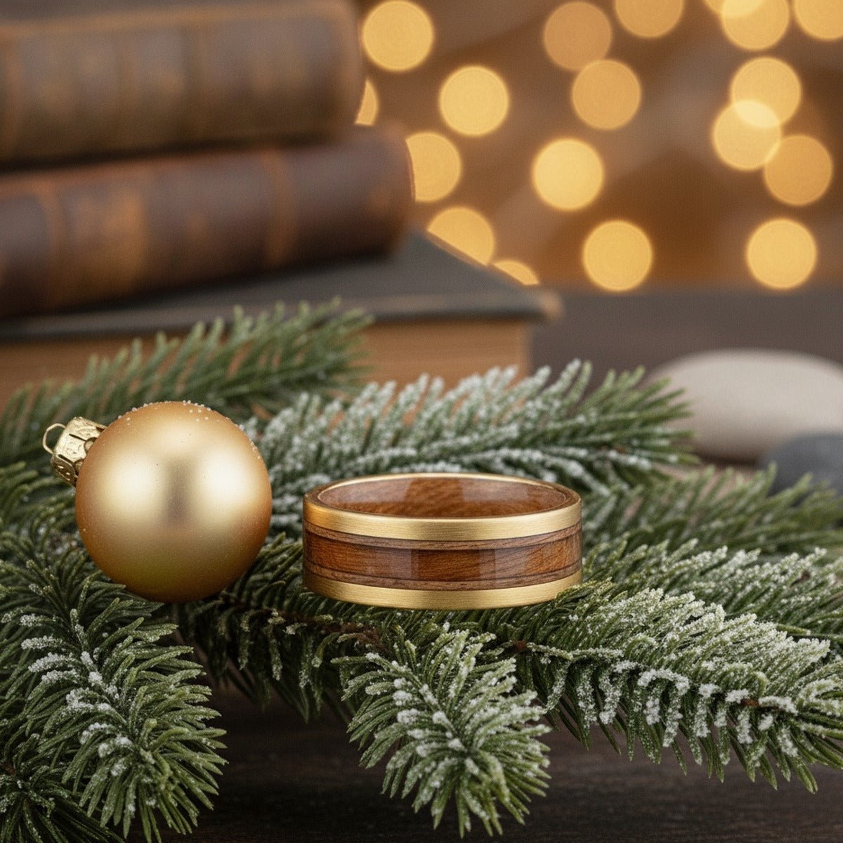 Aydins URBEN | Whiskey Barrel Wood, Gold Tungsten Ring, Brushed, Flat lifestyle scene, christmas evergreen