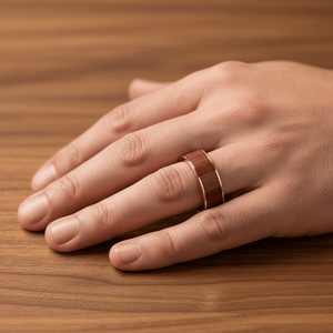 Padauk Wood inlay 14k yellow gold wedding band 8mm, additional view 10