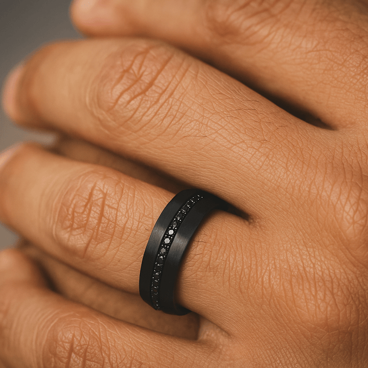 Close-up of polished beveled edge and sapphire inlay On Ring Finger