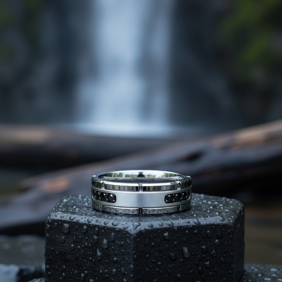 Aydins VALOR | Silver Tungsten Ring, Silver Inlay & Black Diamonds lifestyle scene, waterfall basalt