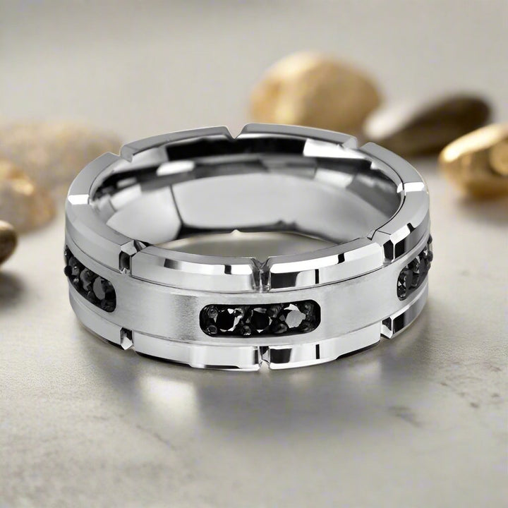 VALOR Silver Tungsten Ring - Elegant Wedding Band for Men with Black Diamond Inlay