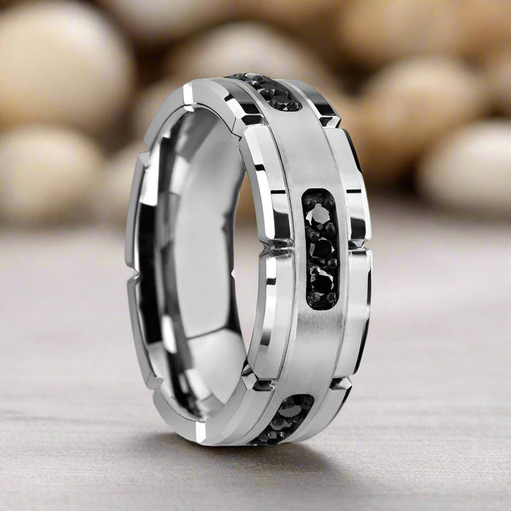 VALOR Silver Tungsten Ring with Black Diamond Inlay - Side View