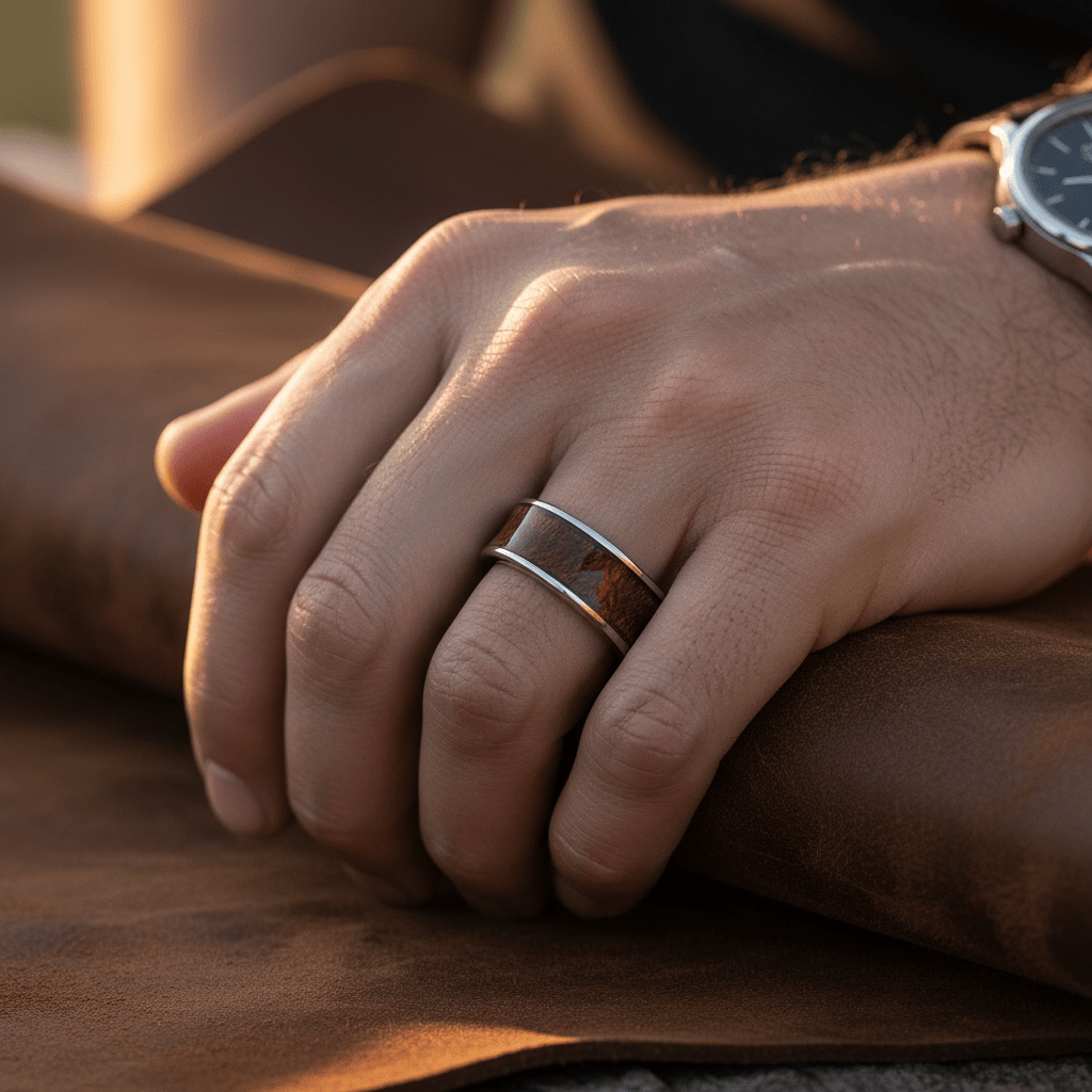 VANISH — Lifestyle photo on hand — men's tungsten wedding ring.