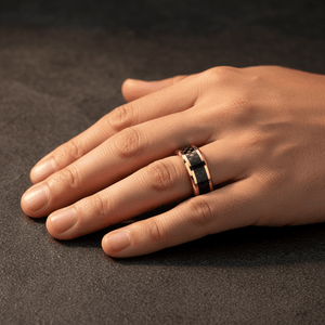 Black Carbon Fiber inlay 14k yellow gold wedding band 8mm, angled view