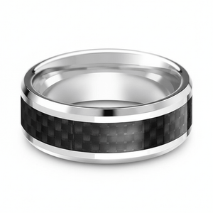 Black Carbon Fiber inlay 14k yellow gold wedding band 8mm, close-up of inlay