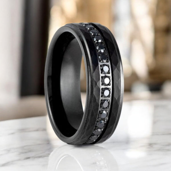 VELKARA Black Tungsten Ring with Hammered Finish and CZ Eternity - Aydins Jewelry.