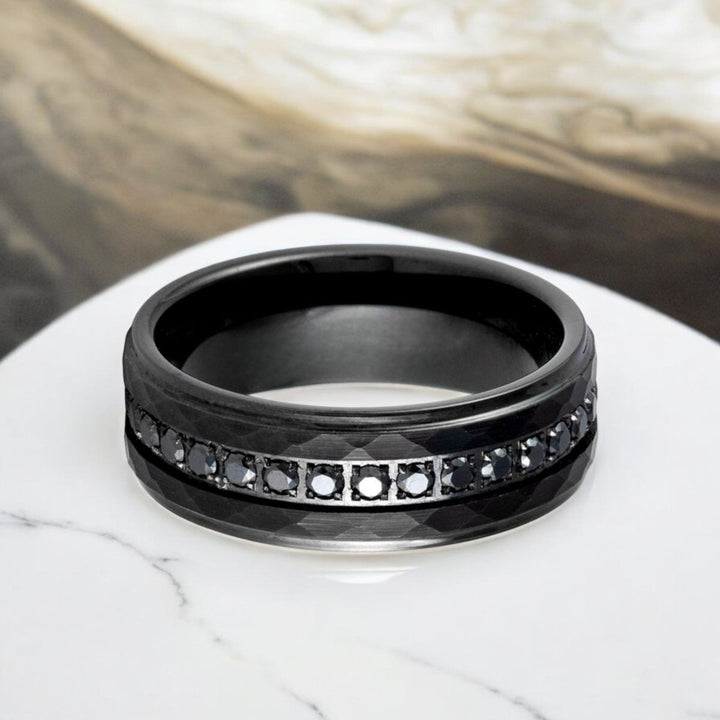 8mm VELKARA tungsten carbide wedding band with diamond-stimulated CZ.